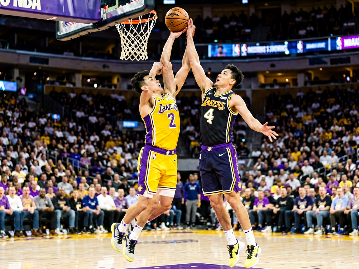 NBA篮球比赛激烈对抗瞬间，球员跳投得分